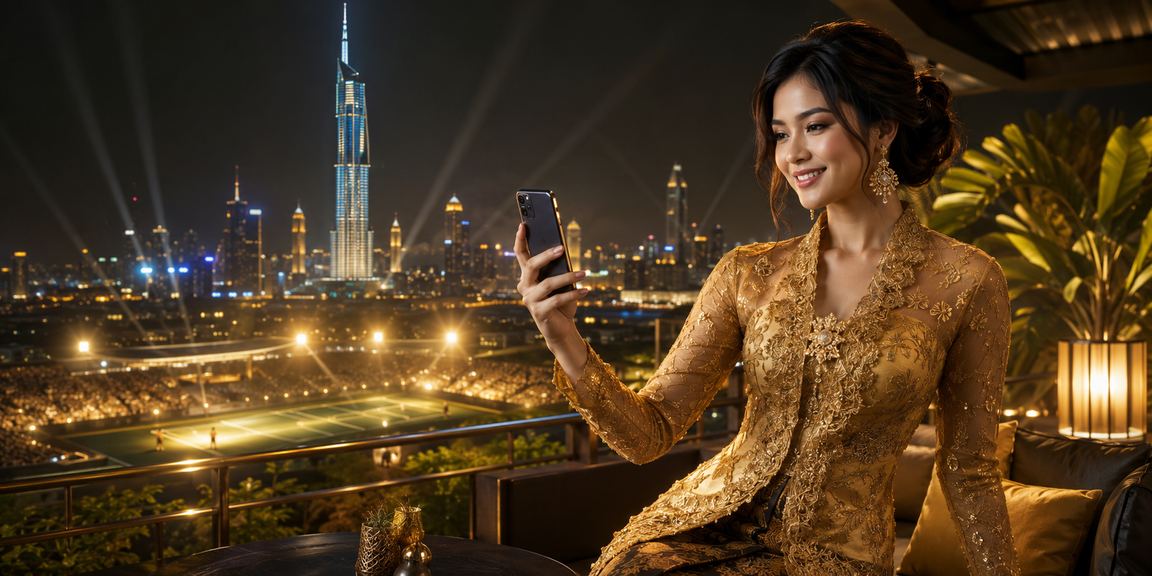 Kasino dalam talian Malaysia diakses melalui telefon pintar dengan suasana bandar Kuala Lumpur