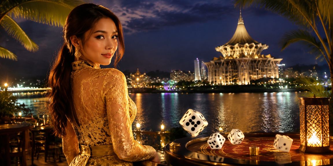 Permainan dadu kasino bergaya dengan busana kebaya tradisional Malaysia